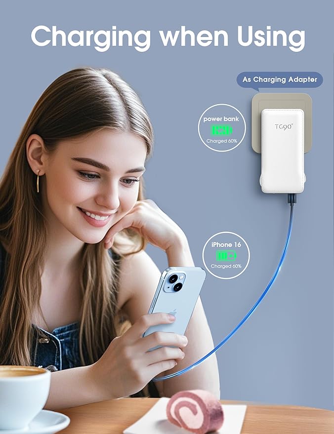 TG90° 2 Pack 10000mAh Power Bank Built-in Foldable AC Wall Plug and Cables,Pocket Size USB C Portable Charger,Ultra Slim Battery Pack Compatible with iPhone Series and Android Devices