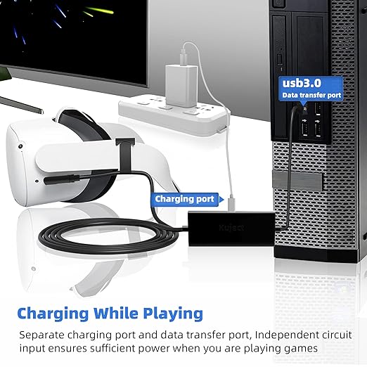 Kuject Design 20FT Link Cable for Quest 3S/3, Quest 2, Quest Pro, with Separate Charging Port for Uninterrupted Power, USB 3.0 Type A to C Cable for VR Headset Accessories and Gaming PC