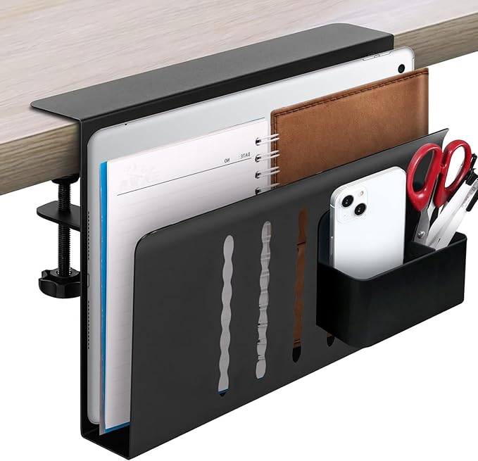 Desk Side Storage – Heavy-Duty Steel Laptop Holder Desk Attachment with Magnetic Pen Holder, Side Table No Drill Clamp Desk Organizer, Hanging Desk Organizer for Home & Office – Black