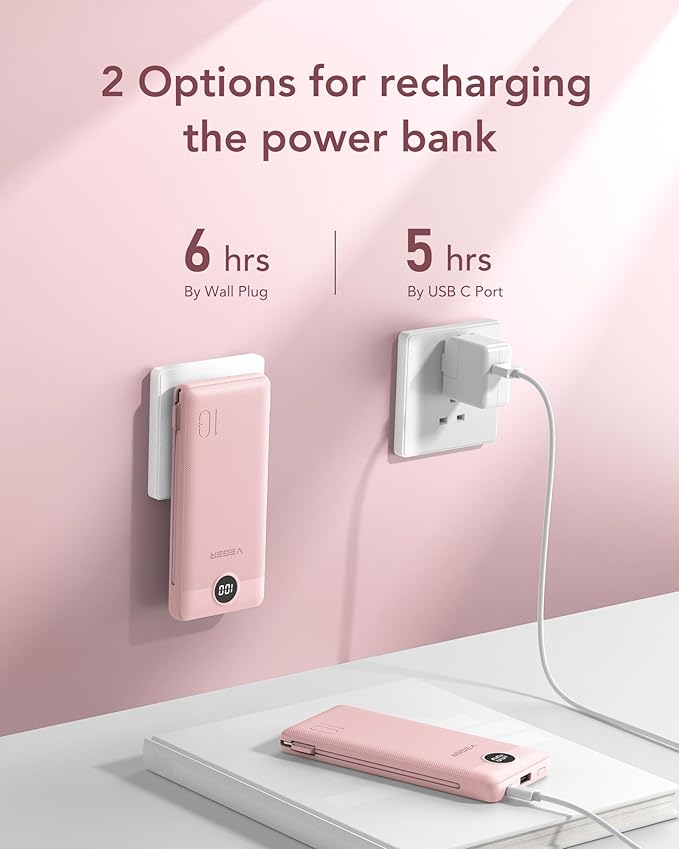 VEGER Portable Charger for iPhone with Built in Cables and Wall Plug, 10000mah Slim Fast Charging USB C Power Bank, Travel Essential Battery Pack Compatible with iPhone, iPad, Samsung etc(Crepe)