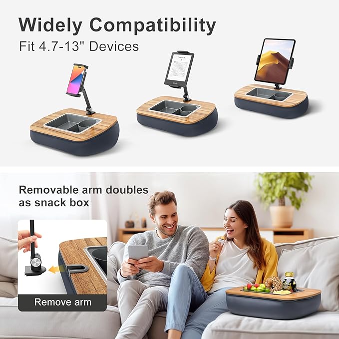 Lap Beanbag Tablet Pillow Stand,Adjustable iPad Holder with Snack Bowl,360° Rotating Clip for 4.7-13" Kindle,Phone,Tablet.Ideal for Hands-Free Reading and Relaxation on Bed,Couch,Recliner,Gray
