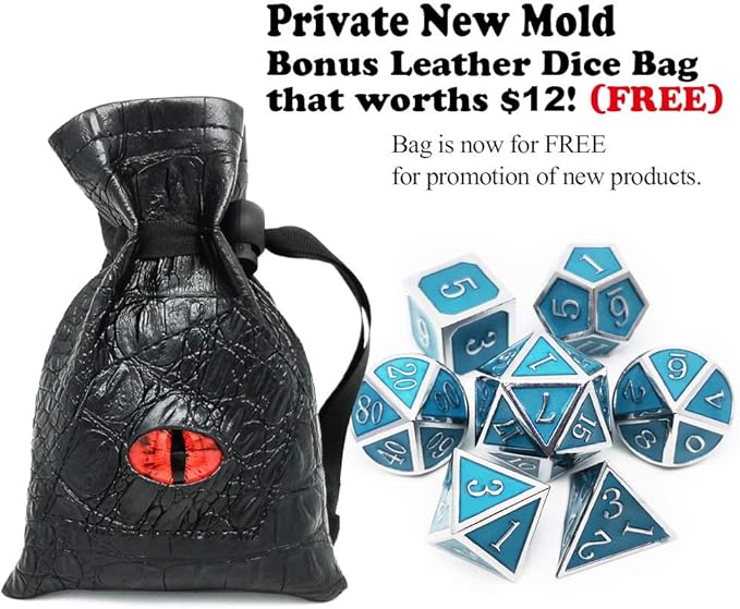 Haxtec Glow in The Dark Metal Dice Set D&D Glowing Blue Silver W/Dragon Dice Bag 7 Die D&D Dice Set Compatible with Dungeons and Dragons RPG