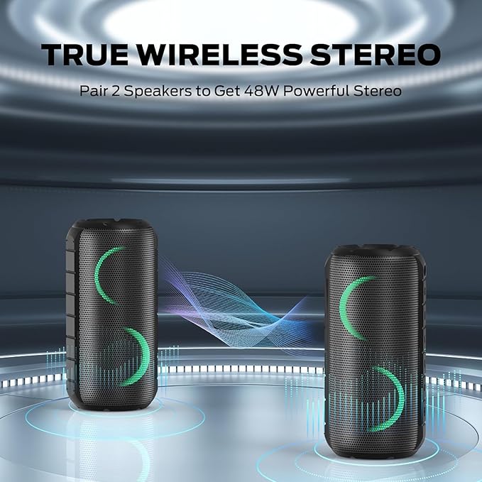 BUGANI Luster Bluetooth Speakers, Portable Wireless Stereo Speaker with Colorful Lights, Loud Sound, Bluetooth 5.3, 24H Playtime, IPX6 Waterproof, AUX-in, for Home/Outdoor/Camping/Beach
