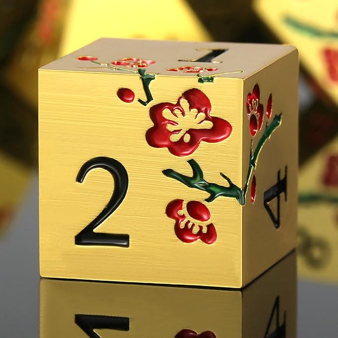 DNDND Flowers Metal Dice, 7 PCS Metallic DND Dice with Gorgeous Gift Case for D&D Dungeons and Dragon Tabletop Game (Red Flowers with Gold)