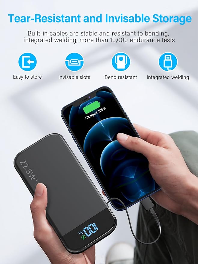 Portable Charger 32000mAh, 22.5W QC 3.0 PD 20W Smart LED Display Fast Charging Built in Cables MFi Certified Power Bank, External Battery Pack Charge 5 Devices Compatible with Cellphones (Black)