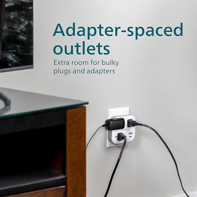 Philips EZFit 3-Outlet Surge Outlet Extender with USB, 1 USB-A, 1 Type-C, Adapter Spaced, Charging Station, 12W, 980 Joules, 2 Pack, White - SPP3605W/37