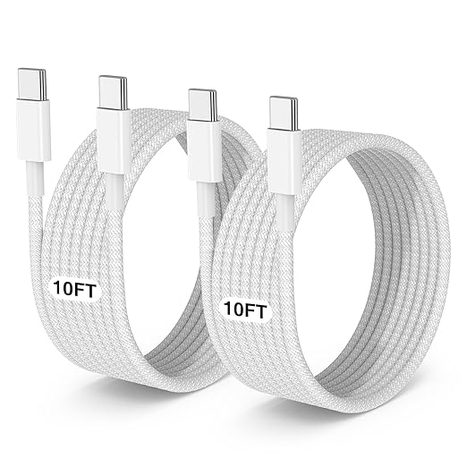 2-Pack Grey 10FT 60W USB C to USB C Cable, Type C to Type C Cable,Fast Charging Cable for iPhone 16 15 Pro Plus Pro Max，for Galaxy S24 S23, for iPad Pro/Air, for MacBook Pro/Air and More