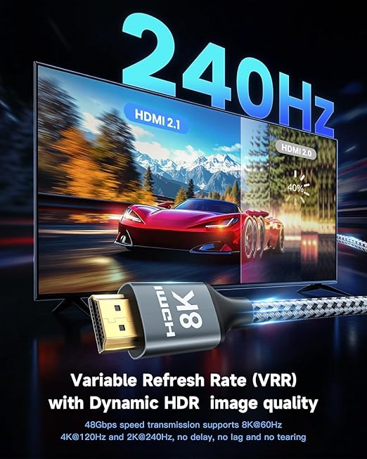 ARISKEEN 8K HDMI Cable 10FT 2-Pack, 48Gbps High Speed HDMI 2.1 Cable, 8K 60Hz, 4K 120Hz 144Hz Support for HDR 10, HDCP 2.2 2.3, eARC, DTS:X, Braided HDMI Cord Compatible with Laptop/HDTV - 10 Feet