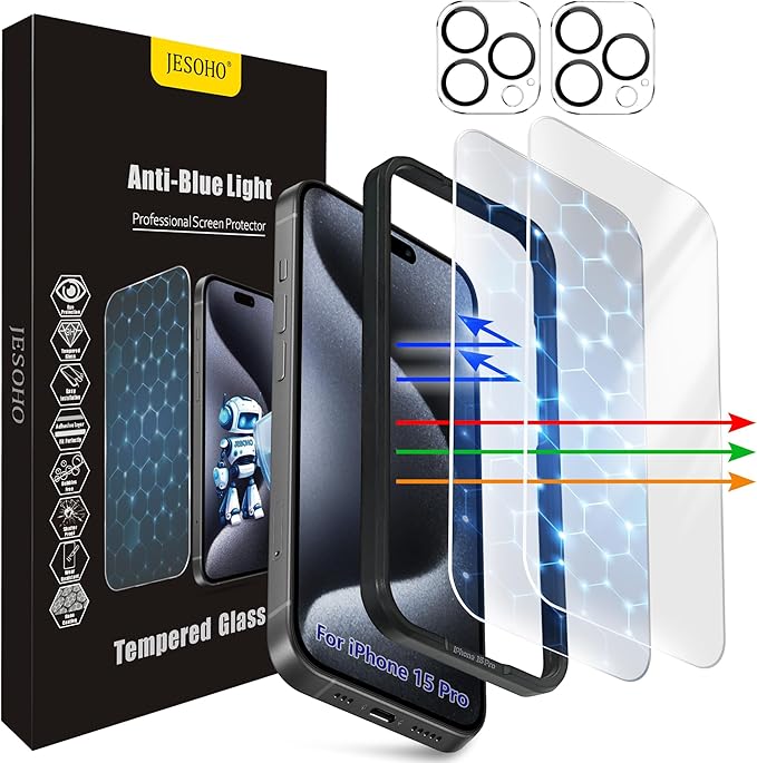 Screen Protector for iPhone 15 Pro [6.1 Inch],2 pcs Colorless Anti-Blue Light Tempered Glass Films, HD Clear, 9H Hardness, No Bubbles, Case Friendly with 2 pcs Camera Lens Protector