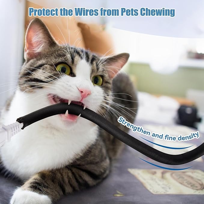 3/8 inch Cord Protectors from Pets No Chew, 10ft Wire Protector Cord Covers for Pets, Flexible Cable Management Sleeve for USB Power Cords Audio Video Cords Phone Charging Cables, Black