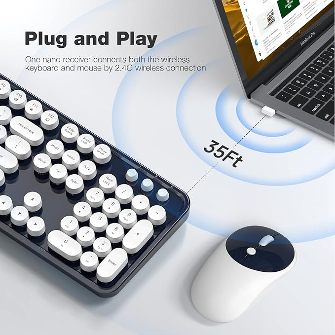 KNOWSQT Wireless Keyboard and Mouse Combo - White-DarkBlue Full-Sized 2.4 GHz 104 Keys Typewriter Keyboard, Flexible Round Keycap and Optical Mouse for Windows, Computer, PC, Laptop, Desktop