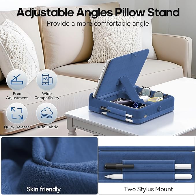 KDD Tablet Pillow Stand with Storage, Foldable iPad Holder for Lap, Desk and Bed, Angle Adjustable Soft Pad Dock with Stylus Mount Compatible with iPad Pro, Air, mini, Book, Phone and Tablet (4-13")