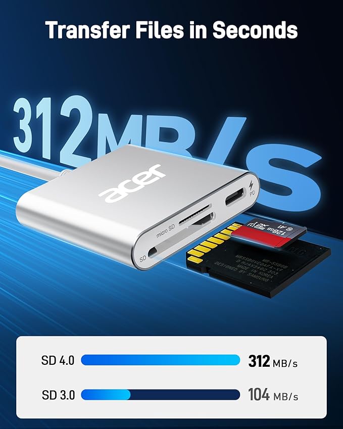 Acer SD 4.0 Card Reader, UHS-II Micro SD Reader USB C, Dual Slot Type C Memory Card Adapter with 100W PD Port for MicroSD SDXC SDHC UHS-II & UHS-I for iPhone 15/16, Laptop, MacBook(Silver)