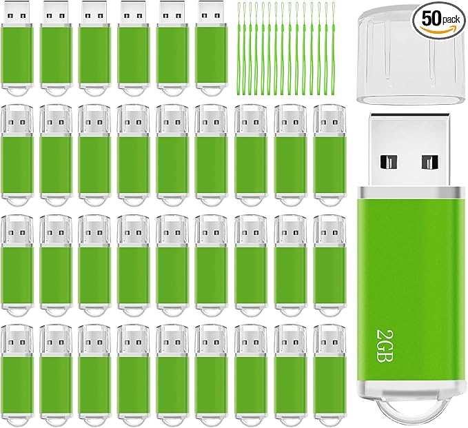 Memorias USB 2GB Flash Drive 50 Pack, USB 2.0 Thumb Drives Bulk Memory Sticks 2GB Fat USB Flash Drives Bulk Jump Drives Multipack Pack of 50 with Lanyard(Green 50 Packs 2 GB)