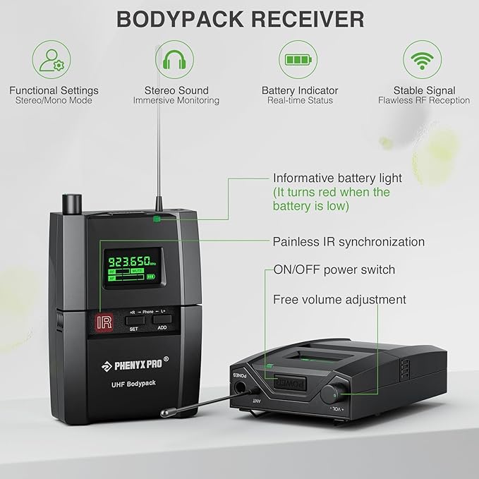 Phenyx Pro Wireless in-Ear Monitor System, Stereo IEM System with Rack Mount Kit, 89 Frequencies, 900MHz UHF Band, 164ft Range, Suitable for Stage & Studio (4 Bodypacks with Transmitter)