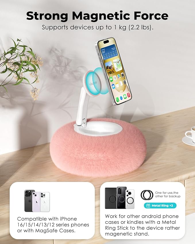 Viozon Phone Holder for Bed, Magnetic Pillow Stand, Compatible with 4-7" Phone/Kindle with Small Storage, Removable Suction Base for Stability, Idea for Kindle Reading and Video Watching On Bed,Pink