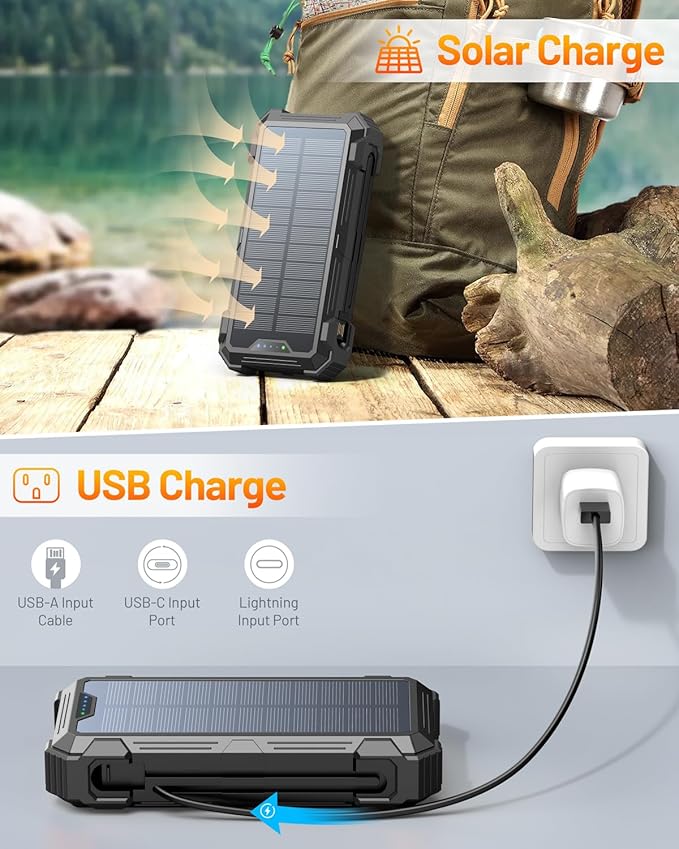 GOODaaa Solar Power Bank, 42800mAh Portable Charger 20W Fast Charging External Battery Pack Built in 4 Cables, Wireless Charging Power Bank for Apple Watches with Flashlight, Carabiner,Thermometer