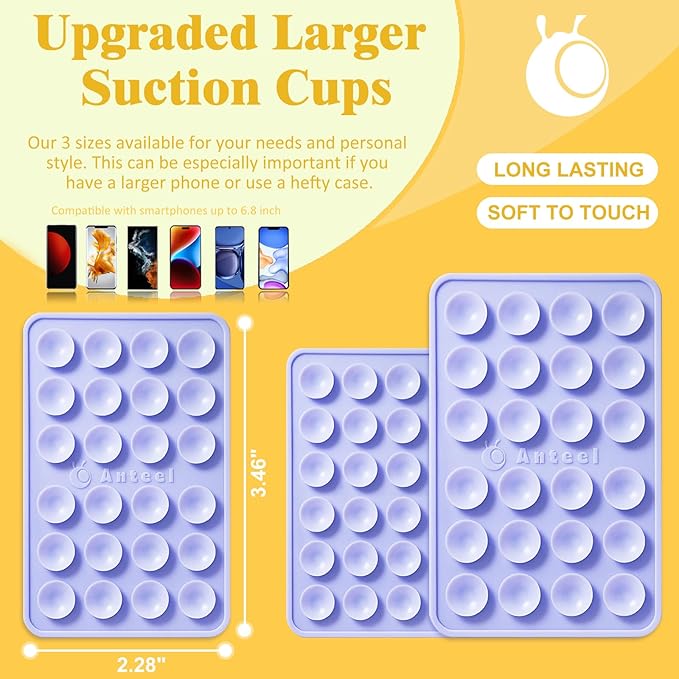 Anteel Medium-Sized Silicone Suction Phone Case Adhesive Mount, Enhanced Suction Power and Upgraded Thickened Sticky Phone Grip, Durable, Hands-Free Sticky Phone Holder, 2.28"x3.46" (LPK&WHT)
