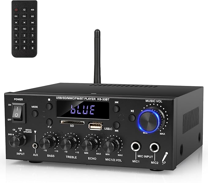Romica Stereo Audio Amplifier, 2 Channel 500W Bluetooth 5.0 Home Theater Power Amplifier with FM, Echo, AUX, USB, SD, MIC Inputs, HiFi AMP for Passive Speakers and Active subwoofer