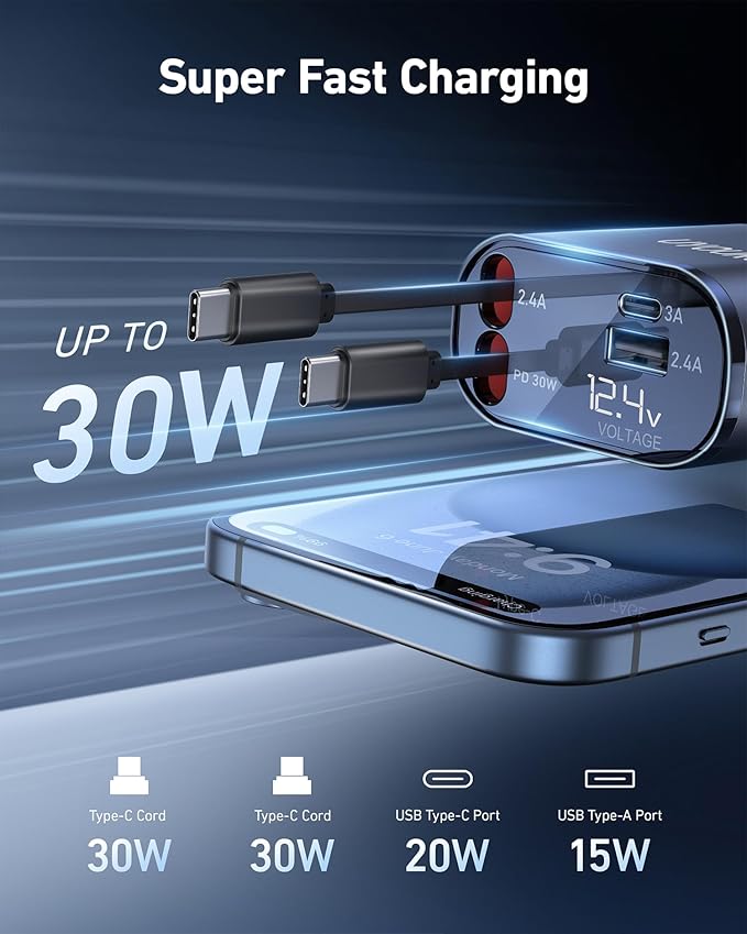 Retractable 4 in 1 Fast Car Charger - 30W Dual USB Type C, 31.5 Inch Cables - Compatible with iPhone 16/15/14/13/12, Samsung, Pixel, iPad