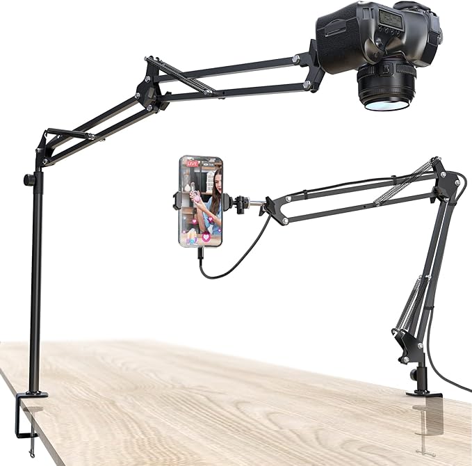 Overhead Camera Mount, 5lb Horizontal Load-Bearing, 360° Adjustable Stand for Desk, Flexible with Phone Clamp, Tabletop Mount for DSLR Camera/Webcam/Microphone