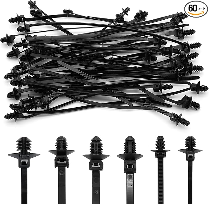 60 Pcs Push Mount Cable Ties Assorted Sizes, Black Nylon Push Mount Zip Ties Wire Harness Clips, 6-Types Snap in Zip Ties Self Locking Automotive Wire Ties for Wire Tying, Automotive