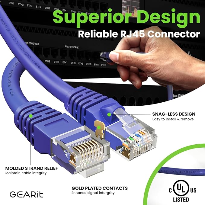 GearIT Cat 6 Ethernet Cable (10-Pack 5 Feet) Cat6 Network Patch, 10Gbps, RJ45, Snagless Cord, Gold-Plated Connectors, Internet for PC, TV, Tablet, Router, Printer, Servers, IT Data Center - Purple