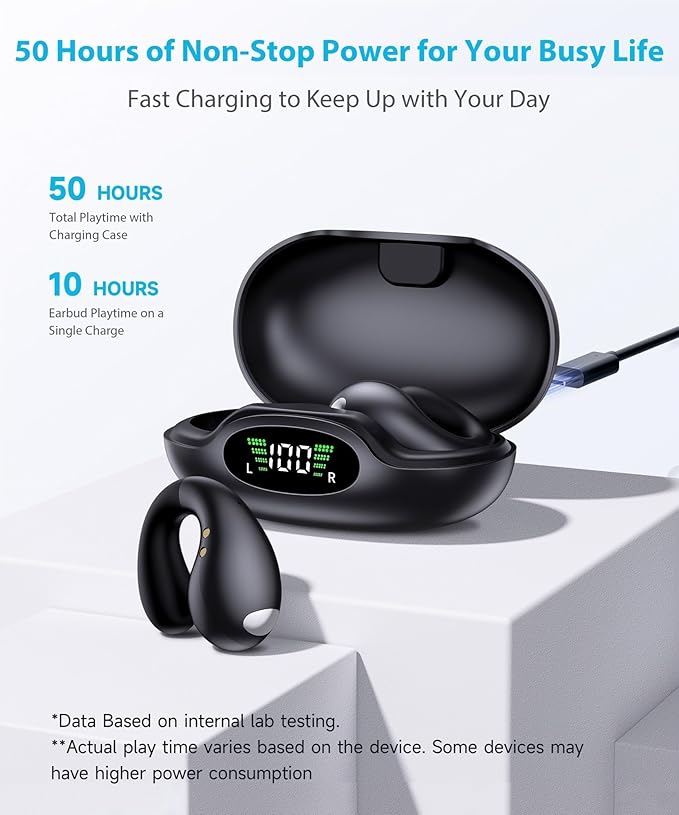 Ultra Open Ear Earbuds - Ergonomic Clip-On Earbuds, Small Bone Conduction Over-The-Ear Headphones with Waterproof Design, Perfect Running Headphones for Sports and Fitness, Black