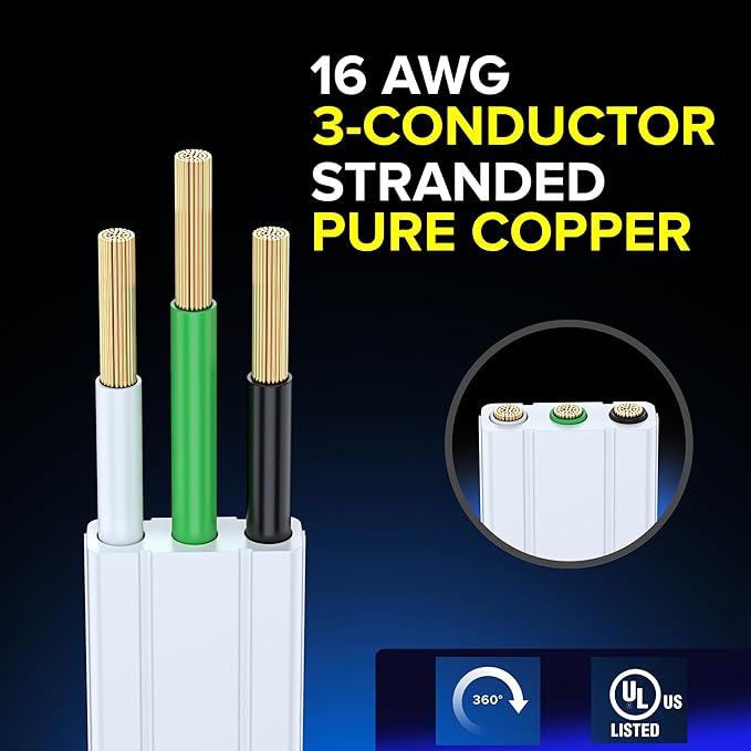 Maximm Cable 2 Ft 360° Rotating Flat Plug Extension Cord, 16/3 AWG Multi 3 Outlet 3-Prong Grounded Wire- White - UL Certified