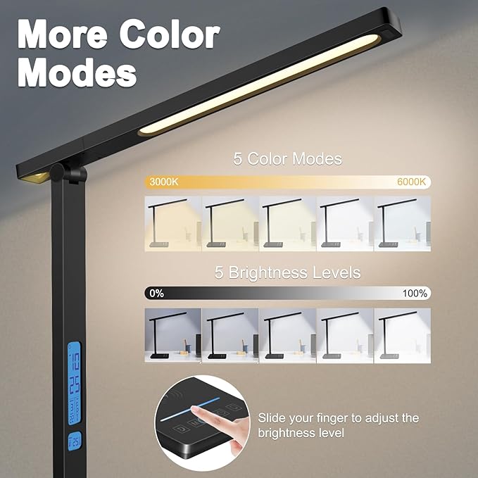 10 in 1 Smart Desk Lamp Led, Desk Light for Colleage Drom Room Office, Eye-Caring Table Lamp with Night Light, Lamp for Desk with 10W Wireless Charger, Dimmable Touch Lamp, Birthday Gifts for Women