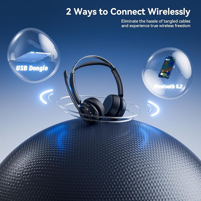 LEVN Wireless Headset, Wireless Headset with Mic for Work, AI Noise Cancelling, 65 Hrs Working Time, Bluetooth Headphones with Microphone from Home/Computer/Call Center/Teams