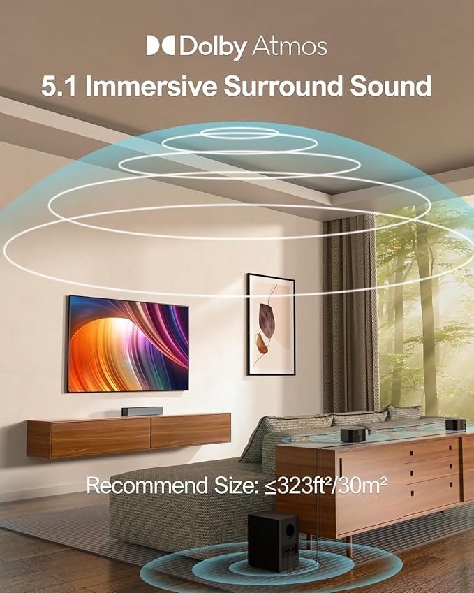 ULTIMEA 5.1 Sound Bar, 410W Dolby Atmos Surround Sound System for TV, 3D Sound Bars for Smart TV w/Subwoofer, Adjustable Surround & Bass, Home Audio w/APP Control, Poseidon D60(New 2025 Version)