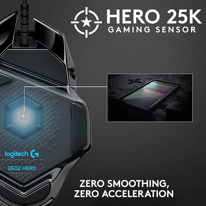 Logitech G502 HERO High Performance Wired Gaming Mouse, HERO 25K Sensor, 25,600 DPI, RGB, Adjustable Weights, 11 Buttons, On-Board Memory, PC/Mac