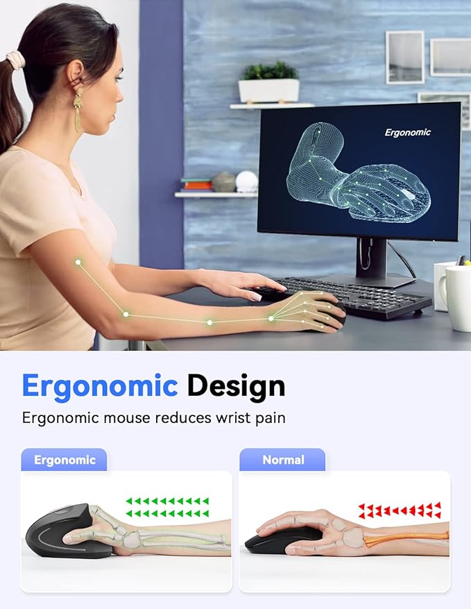 TECKNET 2.4G Ergonomic Mouse Vertical Wireless - 4800 DPI Optical Carpal Tunnel Mouse Right Hand, 5 Adjustable DPI, Quiet Clicks, 6 Buttons for Laptop, Desktop, PC, Computer - Black