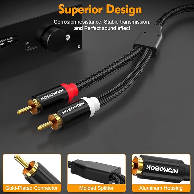 HOSONGIN RCA Cables 25ft 2 Pack[Hi-Fi Sound, Nylon Braided, Shielded], 2-Male to 2-Male RCA Audio Stereo Subwoofer Cable Auxiliary Cord for Home Theater, HDTV, Amplifiers, Hi-Fi Systems, Speakers