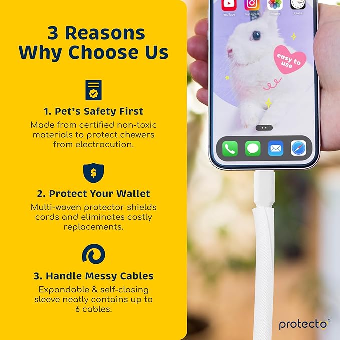 PROTECTO Heavy Duty Dog & Cat Cord Protector 10ft Easy-to-Use Critter Cord Cover for Pet Clear Odorless White Color Cord Protectors from Pets No Chew Solution Power Audio & Video Wire Protector Tubing