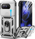 Taisairu for Google Pixel 9A Case with Screen Protector & Slide Camera Lens Cover, Built-in 360°Rotate Magnetic Ring Stand Shockproof Protective Phone Case for Google Pixel 9A Case (Silver)