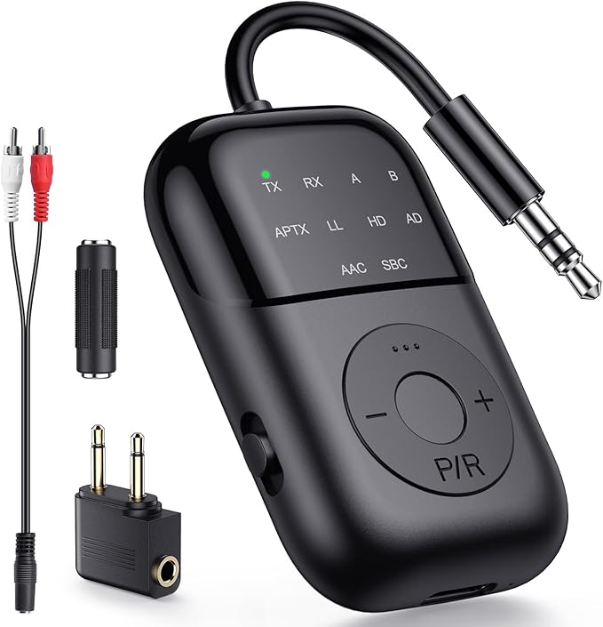 Bluetooth Transmitter Receiver, 2-in-1 Bluetooth 5.4 Adapter for TV, Airplane, Gym Equipment, Cars, PC, Supports to 2 Wireless Headphones, Cell Phones, Wireless Receiver for Car, Home Stereo- Black