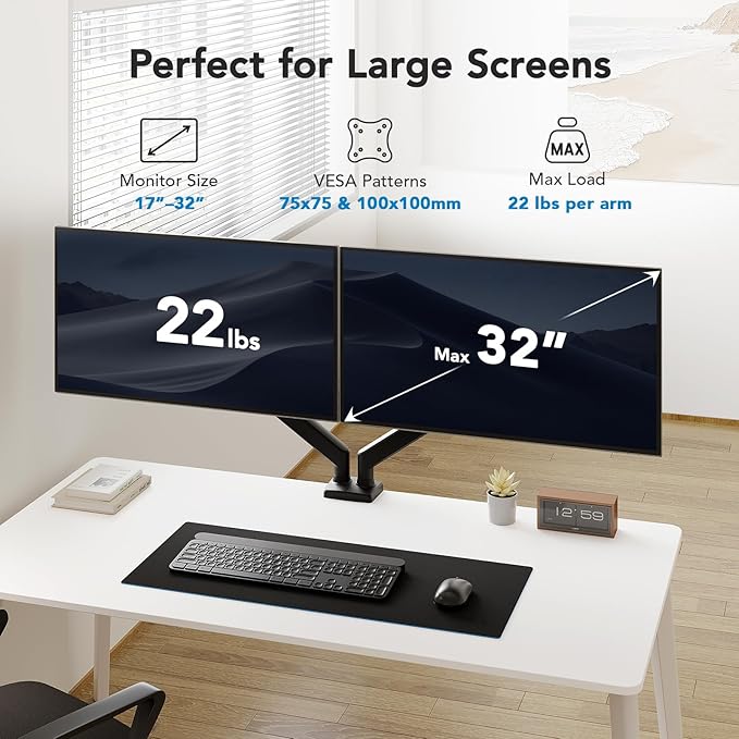 HUANUO Dual Monitor Mount for 2 Monitors up to 32 inches, Each Arm Holds Max 22lbs, Dual Monitor Stand with Gas Spring System, Height-Adjustable/Tilt/Swivel/Rotate, VESA Standard 75mm or 100mm