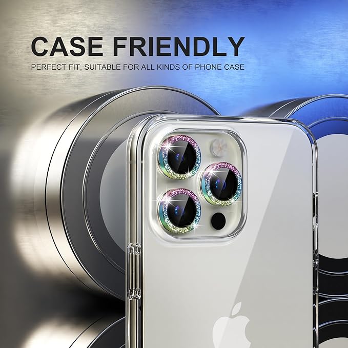 Choiche Compatible for iPhone 15 Pro/iPhone 15 Pro Max Camera Lens Protector Bling, 9H Tempered Glass Camera Cover Screen Protector Metal Ring Decoration Accessories (Glitter-Colorful)