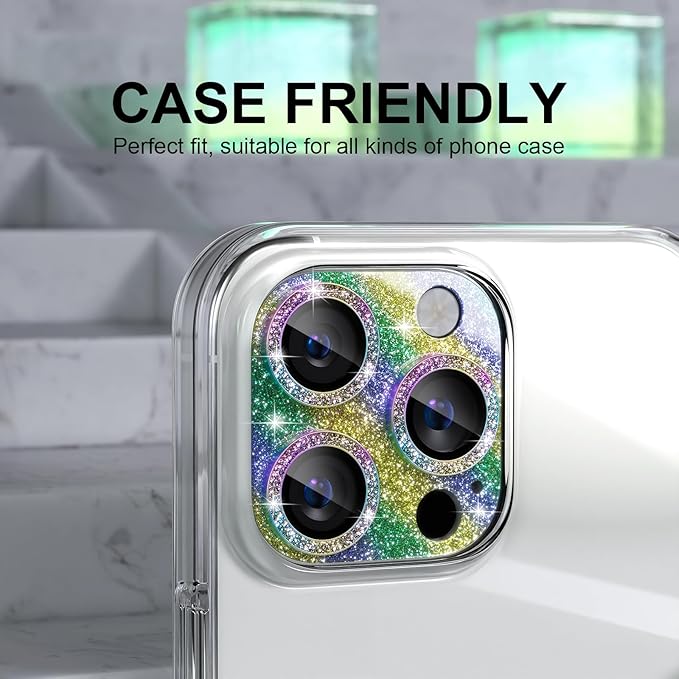 Choiche Compatible for iPhone 16 Pro/iPhone 16 Pro Max Camera Lens Protector, Bling Camera Cover with 9H Tempered Glass Lens Screen Protector Metal Ring Decoration Accessories (Glitter-Colorful)