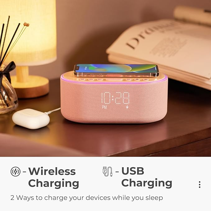 uscce Alarm Clock Bluetooth FM Radio: 10W Stereo Sound Speaker - Fast Wireless Charging for iPhone Samsung - Dimmable Clock Radio for Bedroom