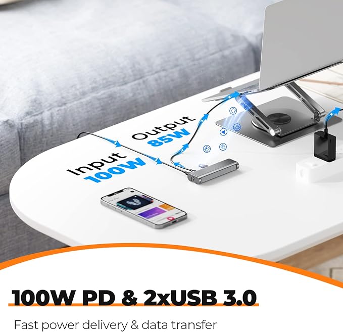Tobenone Laptop Docking Station Stand for MacBook Pro/Air/Dell/HP/Surface/Lenovo, Mac Docking Station with 4K HDMI, USB 3.0, RJ45, PD 3.0, USB C Laptop Stand Hub for Desk with 360 Rotating Base Grey