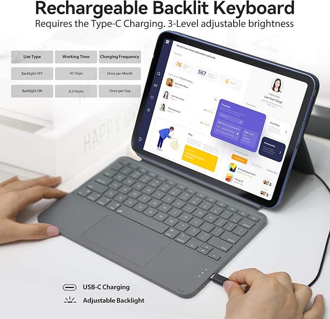 Touch iPad 10th Generation Case with Keyboard (10.9", 2022) & iPad 11th (A16, 2025): Magnetic Split Stand Case, Multi-Touch Trackpad, Rechargeable Wireless Keyboard Folio with Backlit Keys, Gray