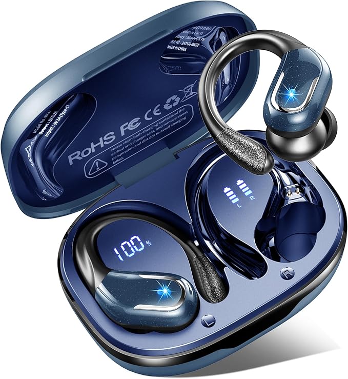 Wireless Earbud, Bluetooth 5.4 Headphones IP7 Waterproof Sport, 75Hrs Running Wireless Earphones with ENC Noise Canceling Mic, Deep Bass Over Ear bud with Earhooks for Android, iOS, Workout, Gym, Blue