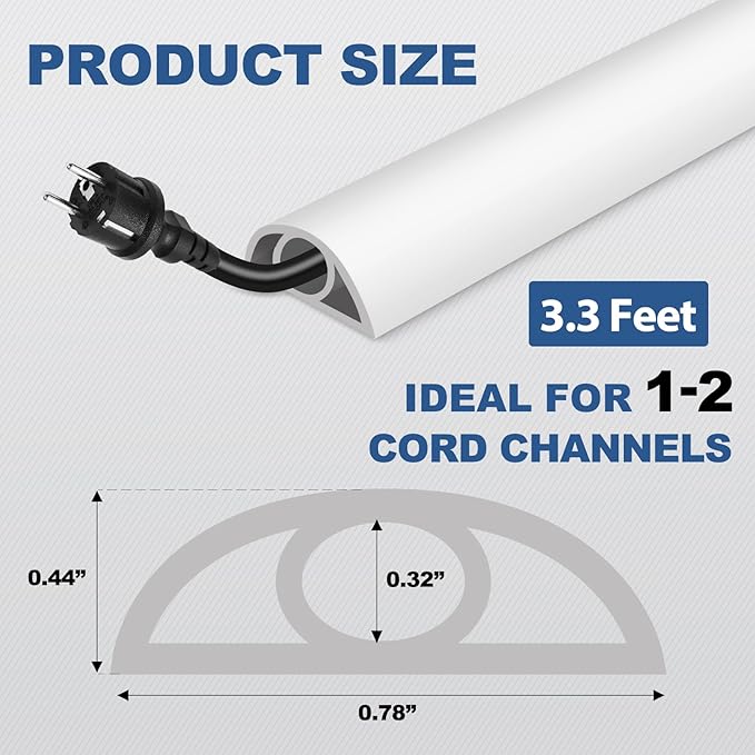 Floor Cord Cover for Wires on Floor Self Adhesive Cord Hider Floor Cable Management Wire Covers for Cords Protector Prevent Cable Trips Cord Cavity W 0.32" x H 0.32", White, 3.3Ft
