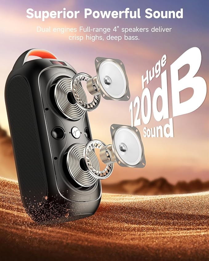 Wireless TWS Portable Bluetooth Speaker, Beat-Driven Lights, 120dB Loud Stereo Party Speaker with Bluetooth 5.3, USB/TF/AUX/FM/Mic, Built-in Carry Handle, Powerful Sound for Home,Outdoor,Party,Camping