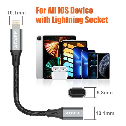 AGVEE 2 Pack 4 inch Lightning Extension Cable, Braided Female to Male Extender Full Function Cord Compatible with iPhone iPad, Data Sync Video Audio & Charging Connector Adapter, Dark Gray