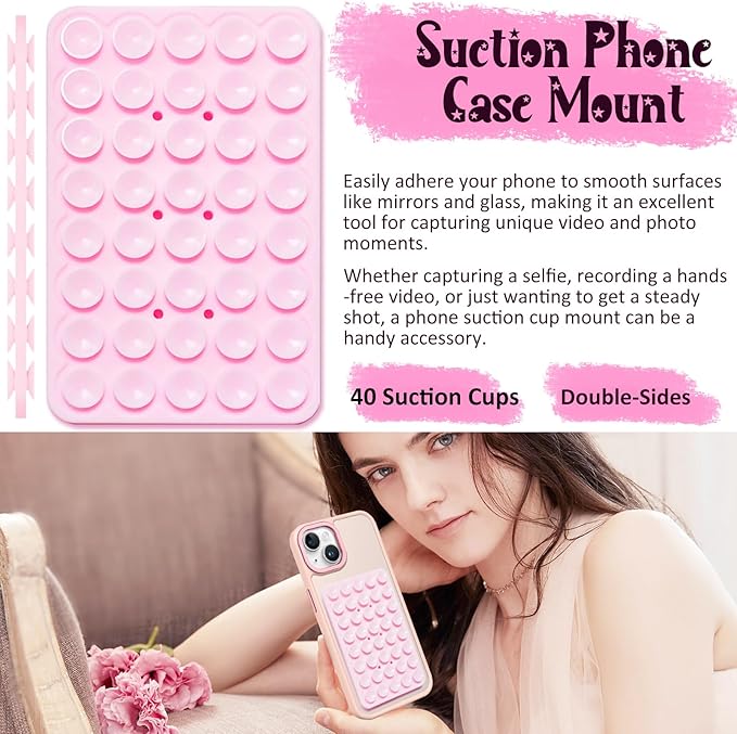 2 Pack Silicone Suction Cup Phone Case Mount Double Sided, Hands-Free Strong Grip Silicon Phone Holder, Non Slip Phone Accessories for Selfies and Videos (Light Pink&White)
