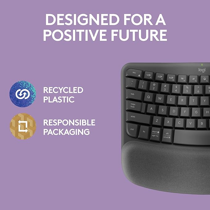 Logitech Wave Keys Wireless Ergonomic Keyboard with Cushioned Palm Rest, Comfortable Natural Typing, Easy-Switch, Bluetooth, Logi Bolt Receiver, for Multi-OS, Windows/Mac - Graphite